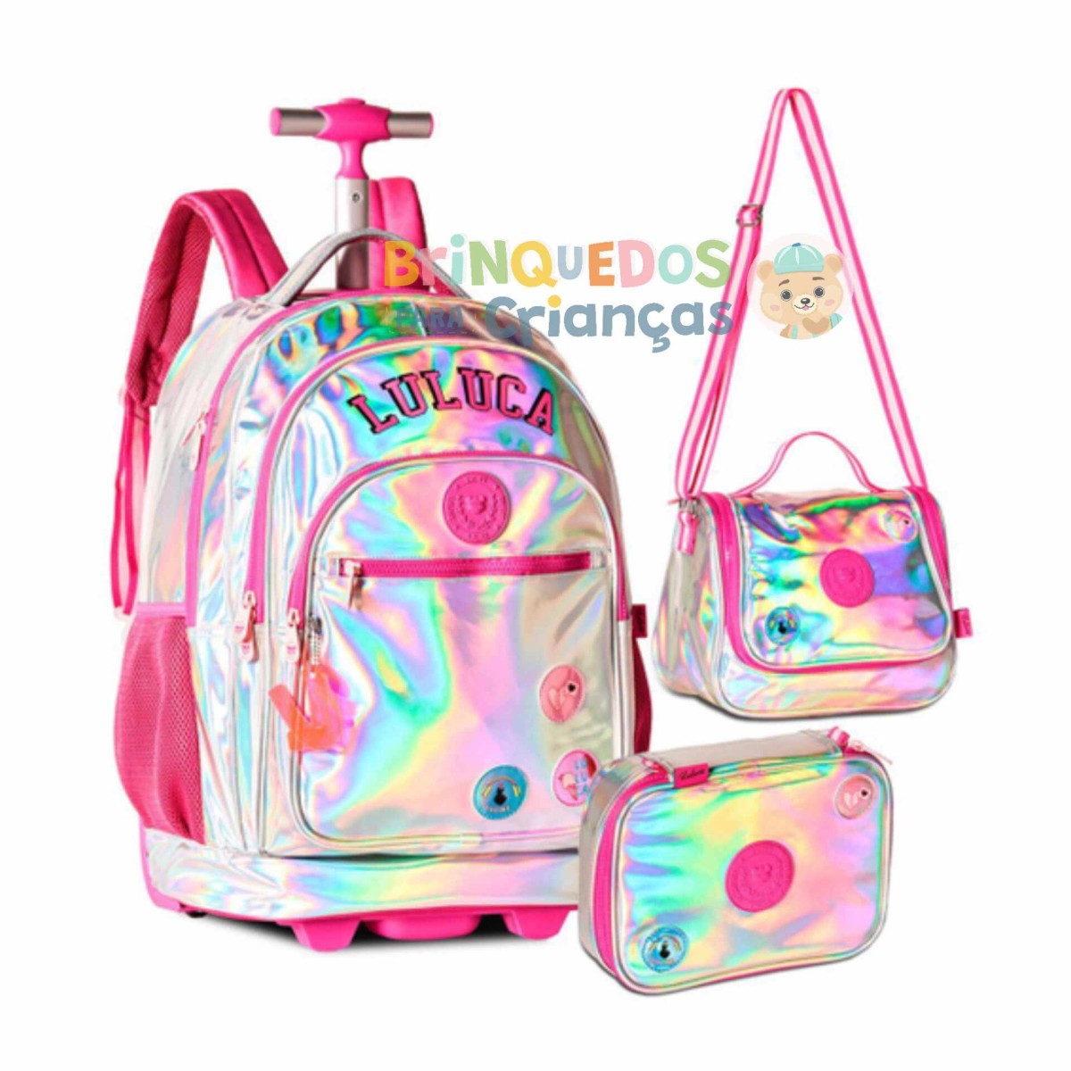 Comprar Conjunto Mochila Escolar holográfica Luluca + Estojo + Lancheira -  Brinquedos Para Crianças